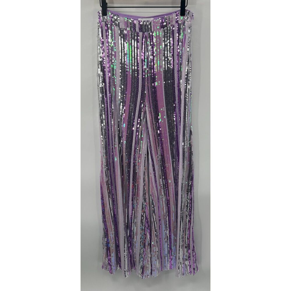 Faeriesty Purple Striped Sequin Wide Leg Pants Sz L Festival Glam Sparkly